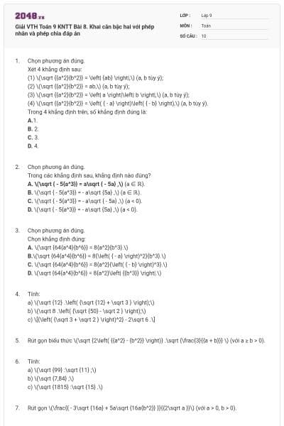 Giải VTH Toán 9 KNTT Bài 8. Khai căn bậc hai với phép nhân và phép chia đáp án