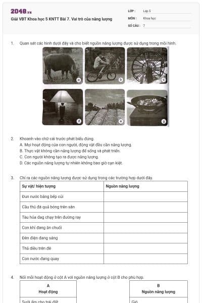 Giải VBT Khoa học 5 KNTT Bài 7. Vai trò của năng lượng