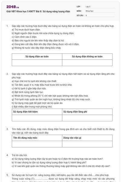 Giải VBT Khoa học 5 KNTT Bài 8. Sử dụng năng lượng điện