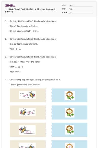 11 bài tập Toán 3 Cánh diều Bài 23: Bảng chia 9 có đáp án (Phần 2)