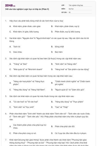 340 câu trắc nghiệm Logic học có đáp án (Phần 9)