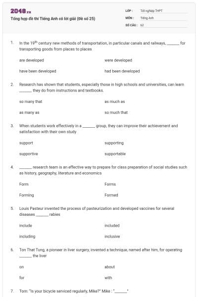 Tổng hợp đề thi Tiếng Anh có lời giải (Đề số 25)
