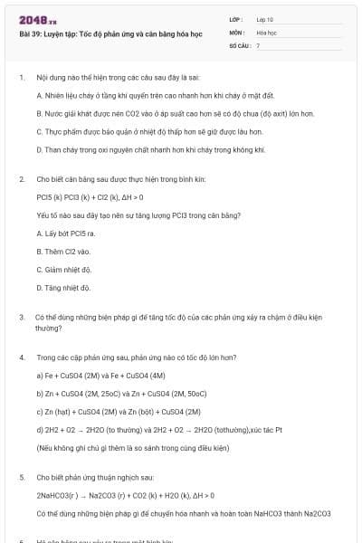 Bài 39: Luyện tập: Tốc độ phản ứng và cân bằng hóa học