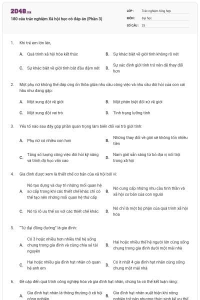 180 câu trắc nghiệm Xã hội học có đáp án (Phần 3)