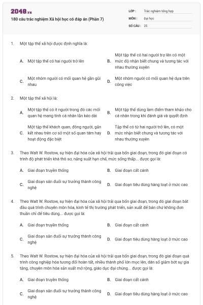 180 câu trắc nghiệm Xã hội học có đáp án (Phần 7)