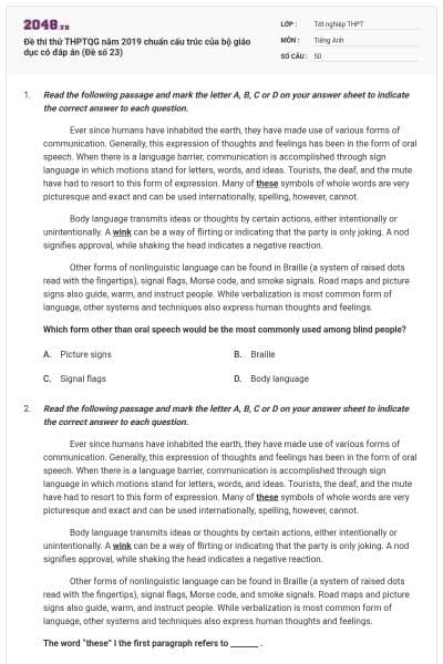 Đề thi thử THPTQG năm 2019 chuẩn cấu trúc của bộ giáo dục có đáp án (Đề số 23)