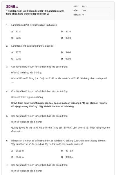 11 bài tập Toán lớp 3 Cánh diều Bài 11: Làm tròn số đến hàng chục, hàng trăm có đáp án (Phần 2)