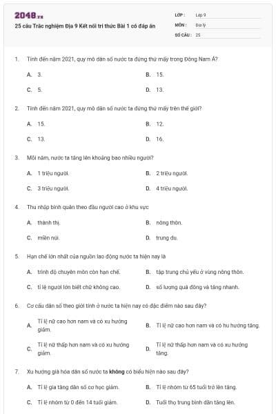 25 câu Trắc nghiệm Địa 9 Kết nối tri thức Bài 1 có đáp án