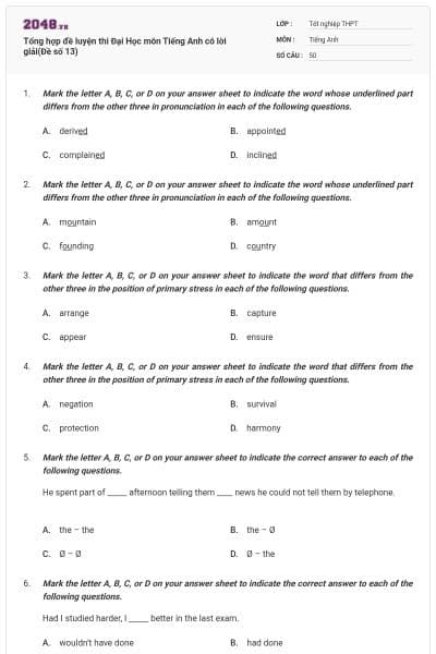 Tổng hợp đề luyện thi Đại Học môn Tiếng Anh có lời giải(Đề số 13)