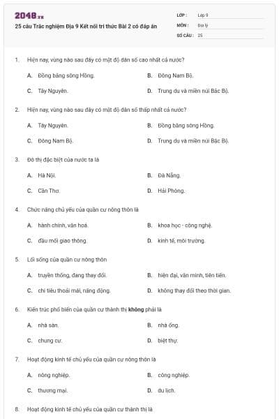 25 câu Trắc nghiệm Địa 9 Kết nối tri thức Bài 2 có đáp án