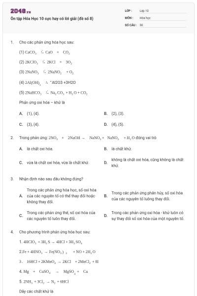 Ôn tập Hóa Học 10 cực hay có lời giải (đề số 8)