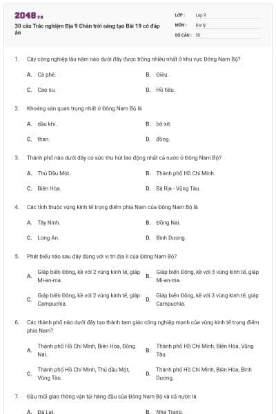 30 câu Trắc nghiệm Địa 9 Chân trời sáng tạo Bài 19 có đáp án