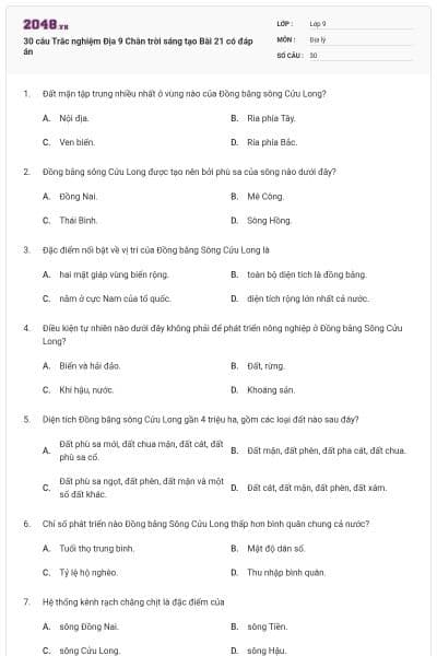 30 câu Trắc nghiệm Địa 9 Chân trời sáng tạo Bài 21 có đáp án