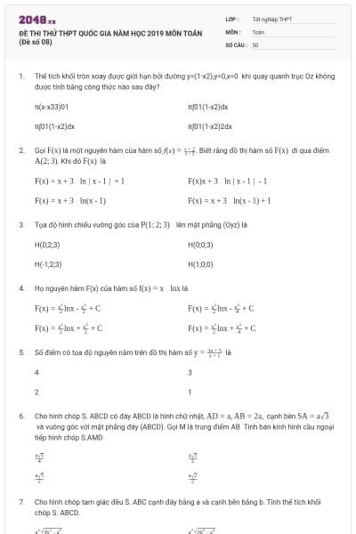 ĐỀ THI THỬ THPT QUỐC GIA NĂM HỌC 2019 MÔN TOÁN (Đề số 08)