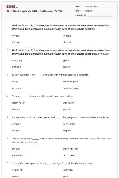 Đề thi thử thpt quốc gia 2020 môn tiếng anh (đề 13)