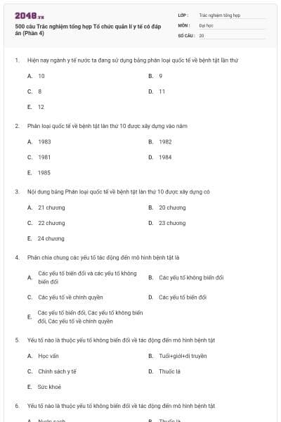 500 câu Trắc nghiệm tổng hợp Tổ chức quản lí y tế có đáp án (Phần 4)