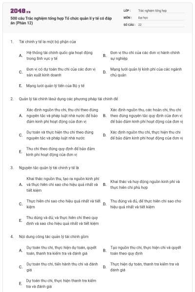 500 câu Trắc nghiệm tổng hợp Tổ chức quản lí y tế có đáp án (Phần 12)