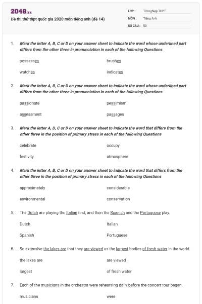 Đề thi thử thpt quốc gia 2020 môn tiếng anh (đề 14)