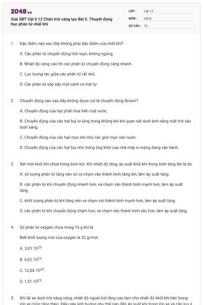 Giải SBT Vật lí 12 Chân trời sáng tạo Bài 5. Thuyết động học phân tử chất khí