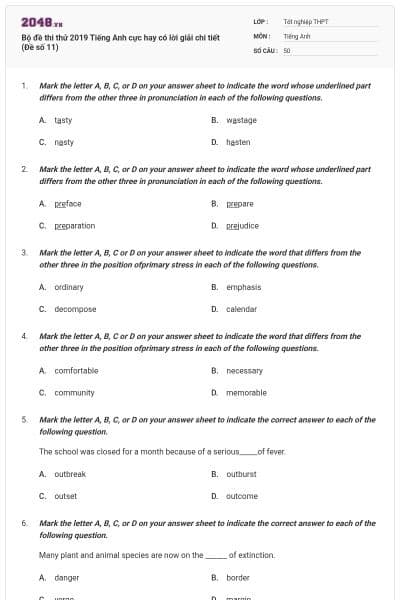 Bộ đề thi thử 2019 Tiếng Anh cực hay có lời giải chi tiết (Đề số 11)