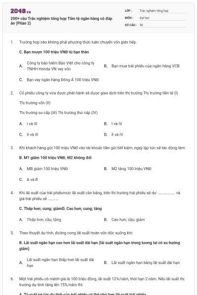 200+ câu Trắc nghiệm tổng hợp Tiền tệ ngân hàng có đáp án (Phần 2)
