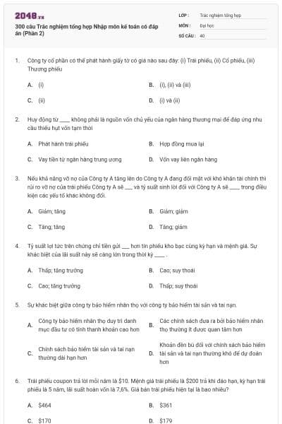 300 câu Trắc nghiệm tổng hợp Nhập môn kế toán có đáp án (Phần 2)