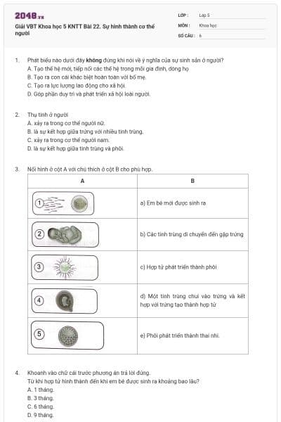 Giải VBT Khoa học 5 KNTT Bài 22. Sự hình thành cơ thể người