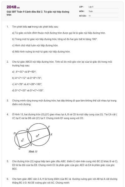 Giải SBT Toán 9 Cánh diều Bài 2. Tứ giác nội tiếp đường tròn