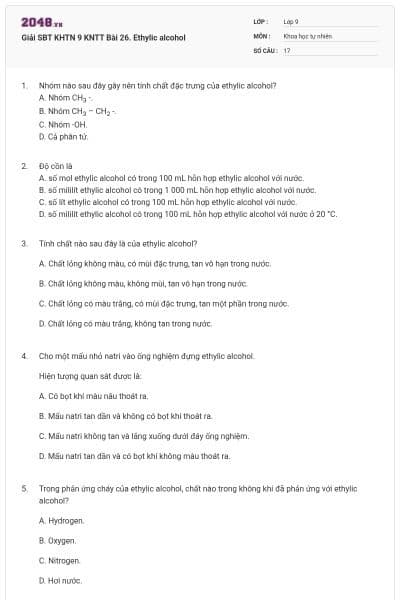 Giải SBT KHTN 9 KNTT Bài 26. Ethylic alcohol