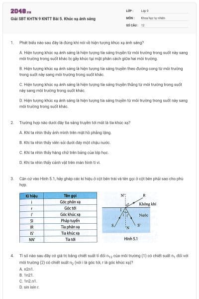 Giải SBT KHTN 9 KNTT Bài 5. Khúc xạ ánh sáng