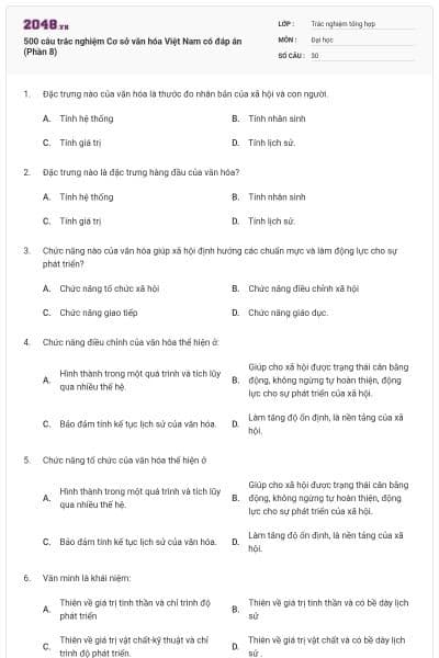 500 câu trắc nghiệm Cơ sở văn hóa Việt Nam có đáp án (Phần 8)