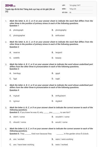Tuyển tập đề thi thử Tiếng Anh cực hay có lời giải (Đề số 25)