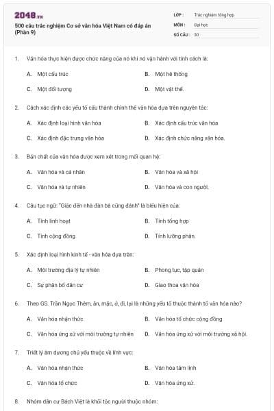 500 câu trắc nghiệm Cơ sở văn hóa Việt Nam có đáp án (Phần 9)