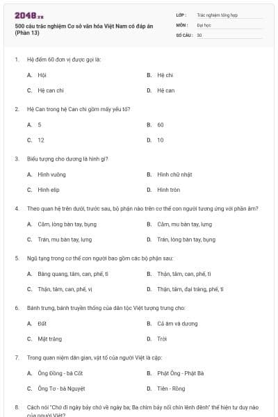 500 câu trắc nghiệm Cơ sở văn hóa Việt Nam có đáp án (Phần 13)