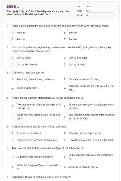 Trắc nghiệm Địa Lí 10 Bài 35 (có đáp án): Vai trò, các nhân tố ảnh hưởng và đặc điểm phân bố các