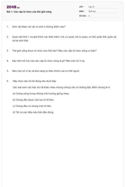 Bài 1: Các cấp tổ chức của thế giới sống