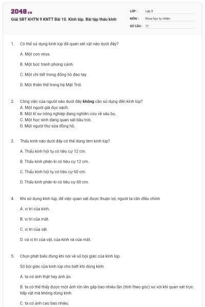 Giải SBT KHTN 9 KNTT Bài 10. Kính lúp. Bài tập thấu kính