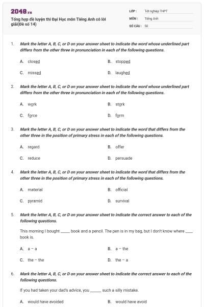 Tổng hợp đề luyện thi Đại Học môn Tiếng Anh có lời giải(Đề số 14)