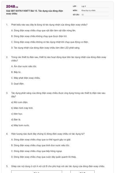 Giải SBT KHTN 9 KNTT Bài 15. Tác dụng của dòng điện xoay chiều
