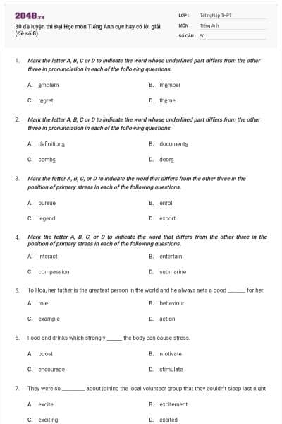 30 đề luyện thi Đại Học môn Tiếng Anh cực hay có lời giải (Đề số 8)