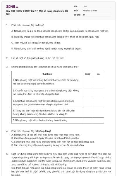 Giải SBT KHTN 9 KNTT Bài 17. Một số dạng năng lượng tái tạo