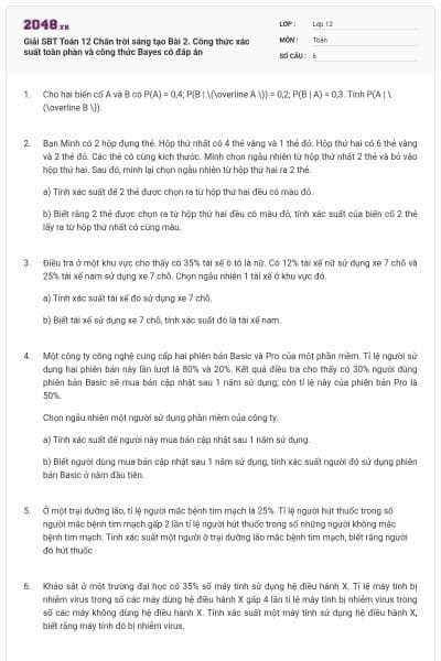 Giải SBT Toán 12 Chân trời sáng tạo Bài 2. Công thức xác suất toàn phần và công thức Bayes có đáp án