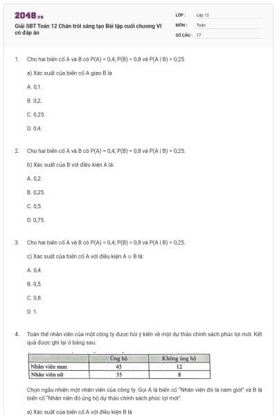 Giải SBT Toán 12 Chân trời sáng tạo Bài tập cuối chương VI có đáp án