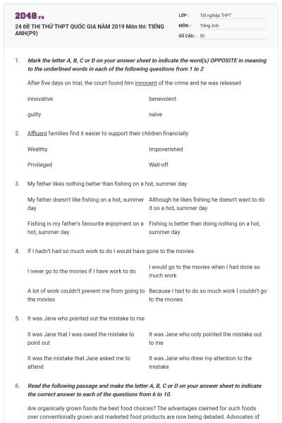 24 ĐỀ THI THỬ THPT QUỐC GIA NĂM 2019 Môn thi: TIẾNG ANH(P9)