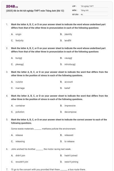 (2025) Đề ôn thi tốt nghiệp THPT môn Tiếng Anh (Đề 12)