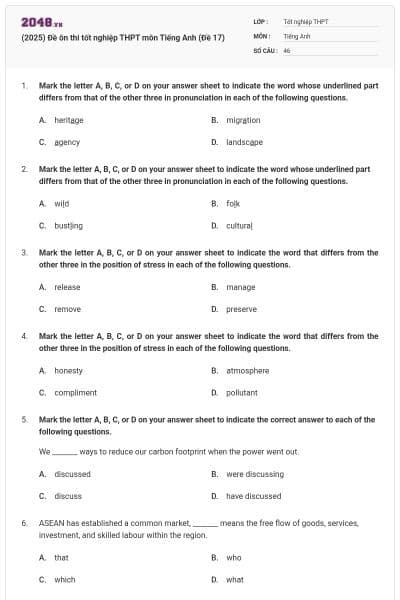 (2025) Đề ôn thi tốt nghiệp THPT môn Tiếng Anh (Đề 17)