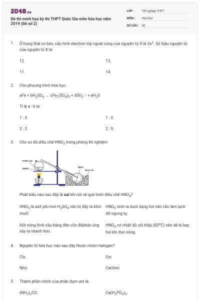 Đề thi minh họa kỳ thi THPT Quốc Gia môn hóa học năm 2019 (Đề số 2)