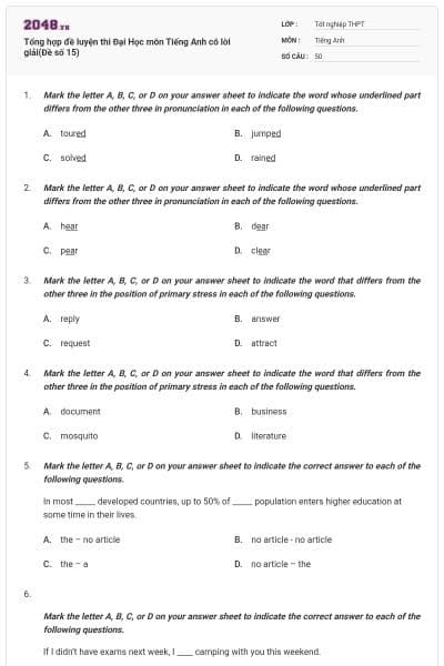 Tổng hợp đề luyện thi Đại Học môn Tiếng Anh có lời giải(Đề số 15)