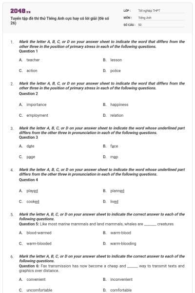 Tuyển tập đề thi thử Tiếng Anh cực hay có lời giải (Đề số 26)