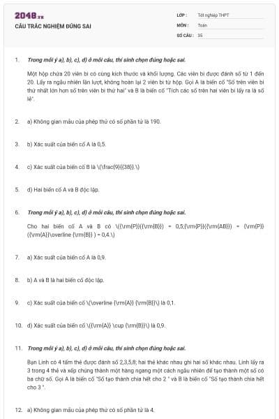 CÂU TRẮC NGHIỆM ĐÚNG SAI
